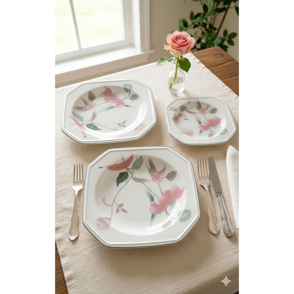 Set of Mikasa Continental Silk Flowers Square Dishes, Bowls, Cups, Saucers